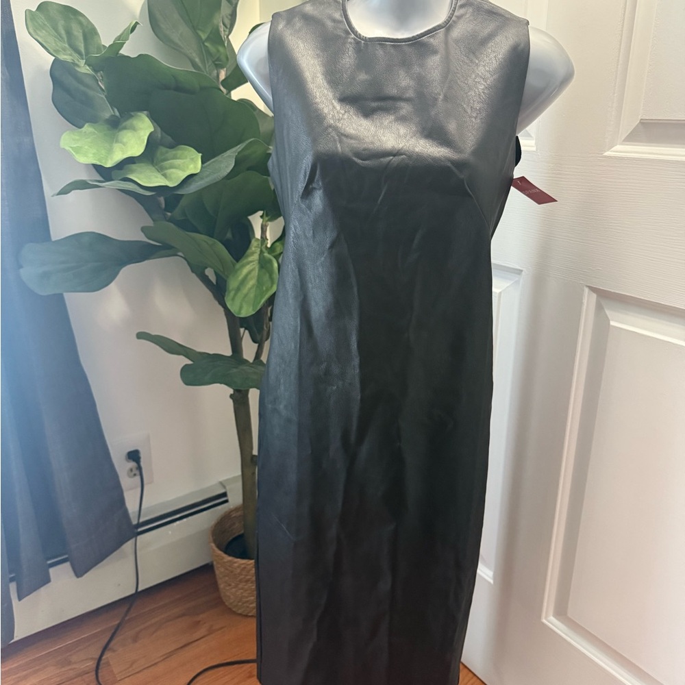 SPANX Black Faux Leather Sheath Midi Dress